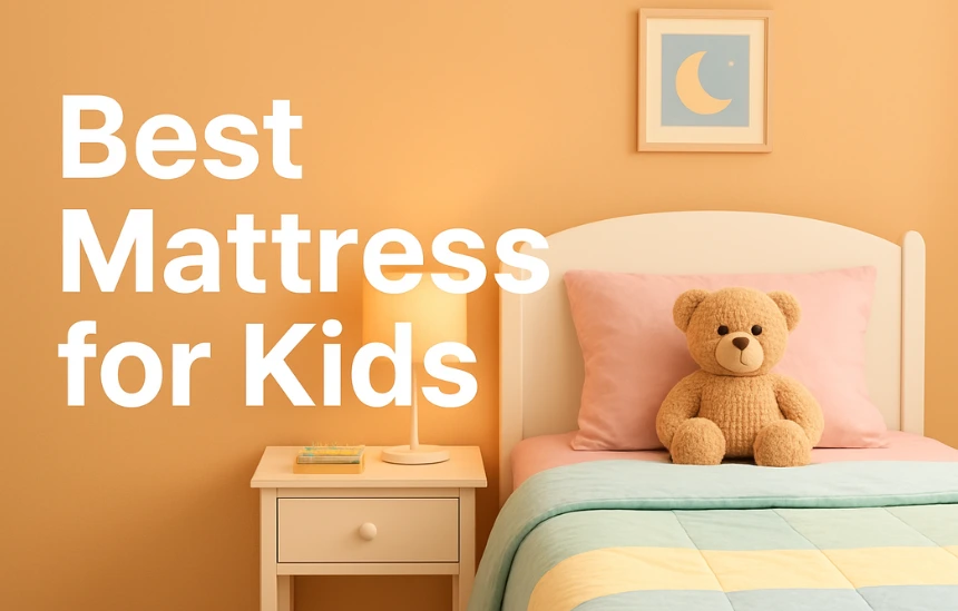 Cozy kids' bedroom with colorful bedding and teddy bear, best mattress for kids concept