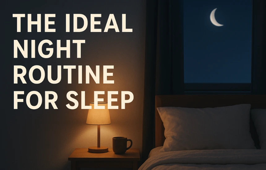 Cozy bedroom at night with warm lamp light and crescent moon, ideal sleep routine concept